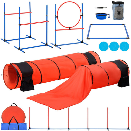 Complete dog agility training set with hurdles, tunnels, hoop, weave poles, training cones, and carrying bag