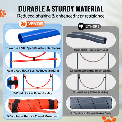Durable dog agility training set with thick PVC pipes, reinforced hoop, 3-point buckle, and sandbags for stability