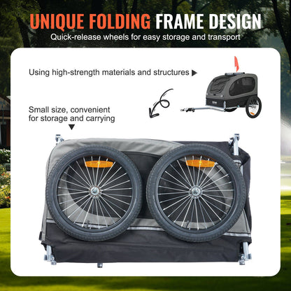 Dog bike trailer for large dogs with unique folding frame design and quick-release wheels for easy storage