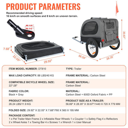 Dog bike trailer for large dogs in black and gray with carbon steel frame and inflatable rear wheels