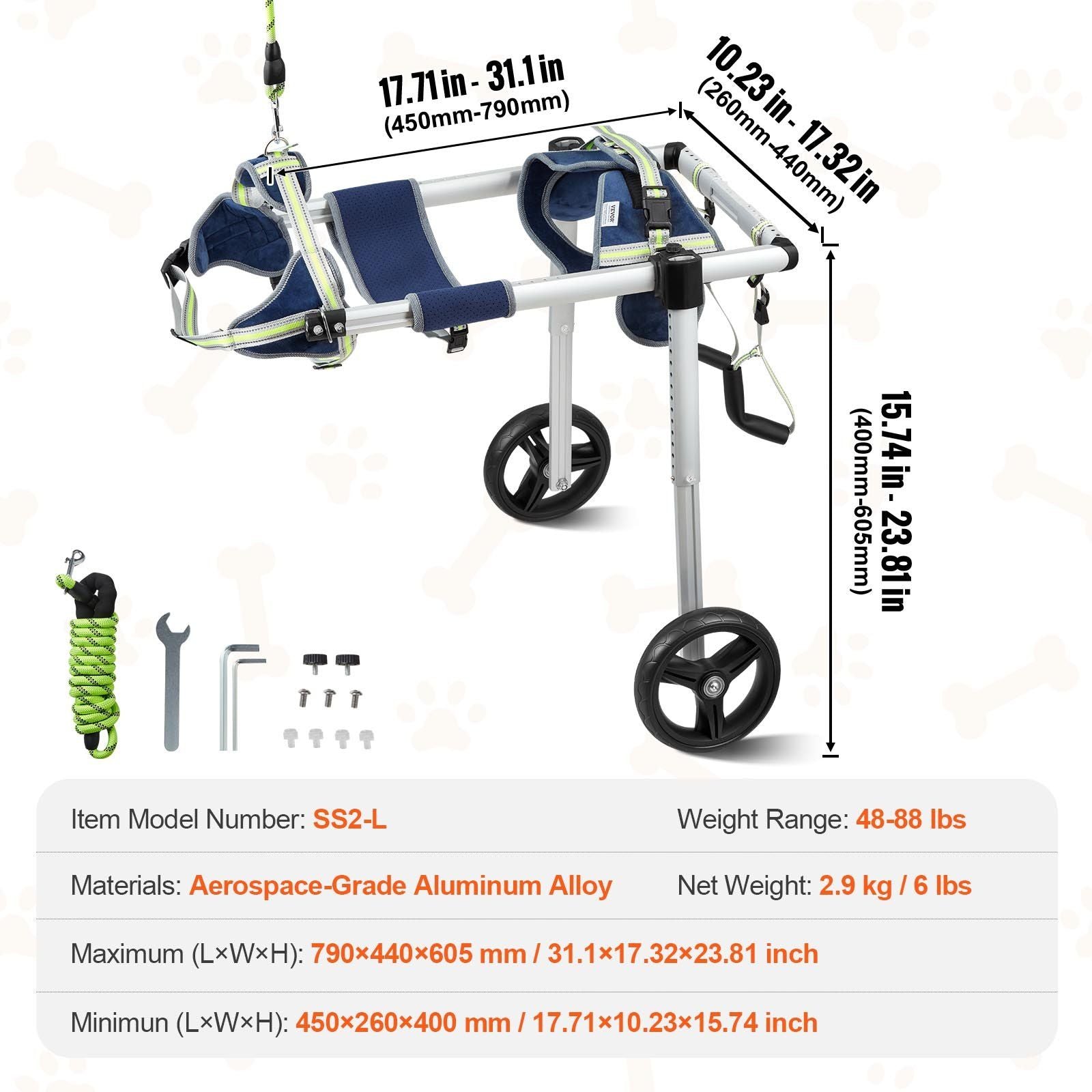 Adjustable dog wheelchair for back legs with aerospace-grade aluminum frame and two rear wheels