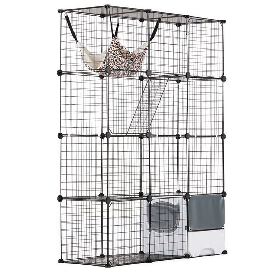Large cat cage metal enclosure with multiple levels, hammock, and attached litter box for cats