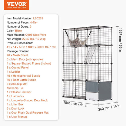 Large cat cage metal with 4 tiers 3 doors black steel wire durable design by PawCounter.com