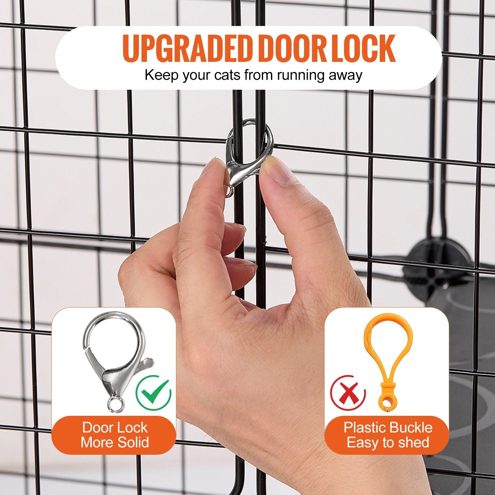 Hand securing upgraded door lock on large cat cage metal to keep cats from running away