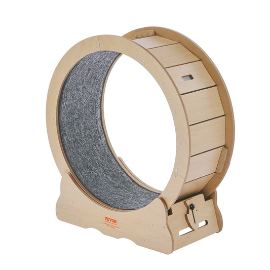Large cat exercise wheel in wood with gray running surface for indoor feline fitness
