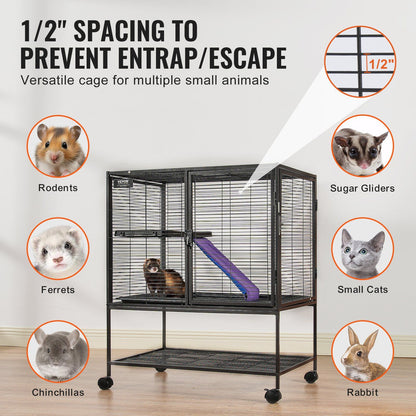 Metal ferret cage with wheels featuring 1/2 inch spacing ideal for ferrets, rodents, sugar gliders, small cats, chinchillas, and rabbits