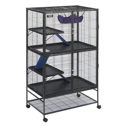 Black metal ferret cage with wheels featuring multiple shelves ramps and a purple hanging hammock for small pets