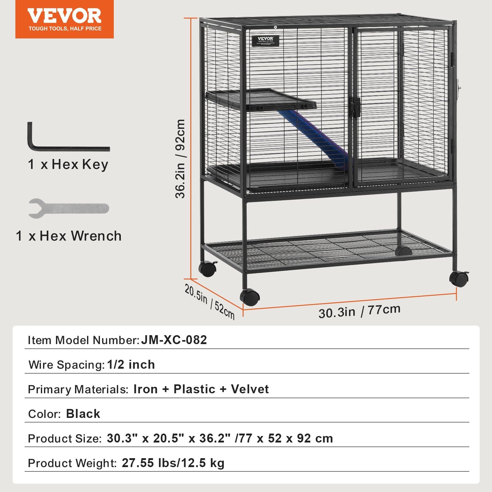 Black metal ferret cage with wheels, including hex key and hex wrench, measuring 30 by 20 by 36 inches