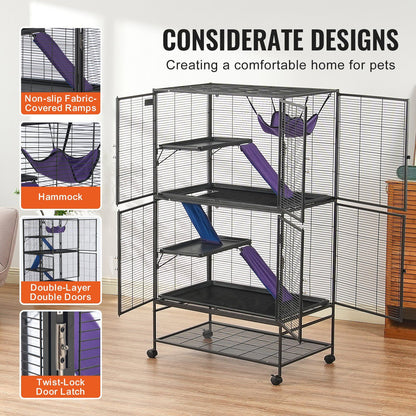 Metal ferret cage with wheels featuring non-slip ramps, hammock, double-layer doors, and twist-lock latch