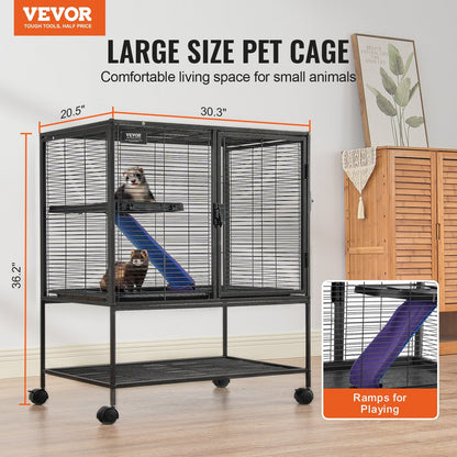 Large metal ferret cage with wheels featuring ramps and spacious living area for small animals