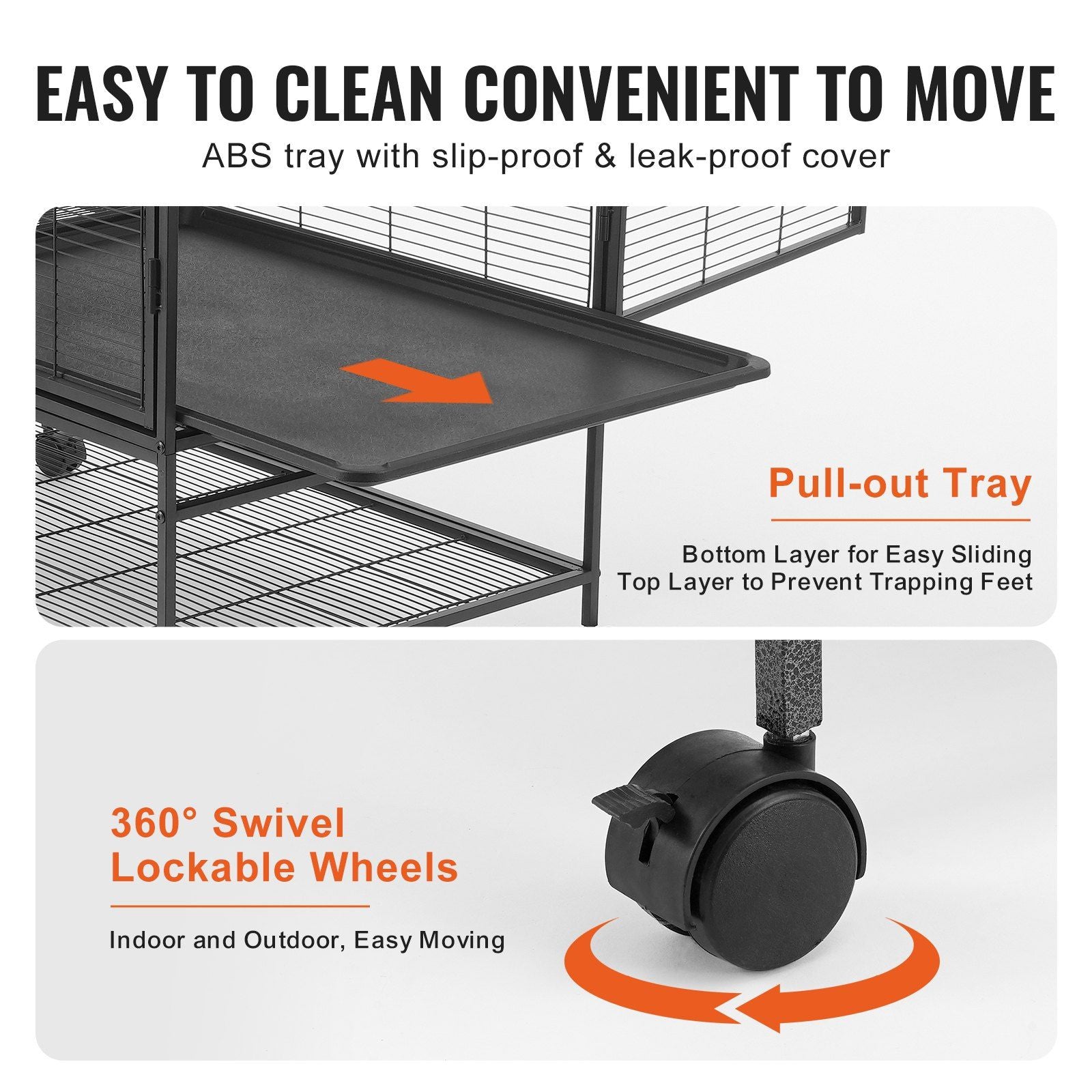Metal ferret cage with wheels featuring a pull-out tray and 360 degree swivel lockable wheels for easy cleaning and moving