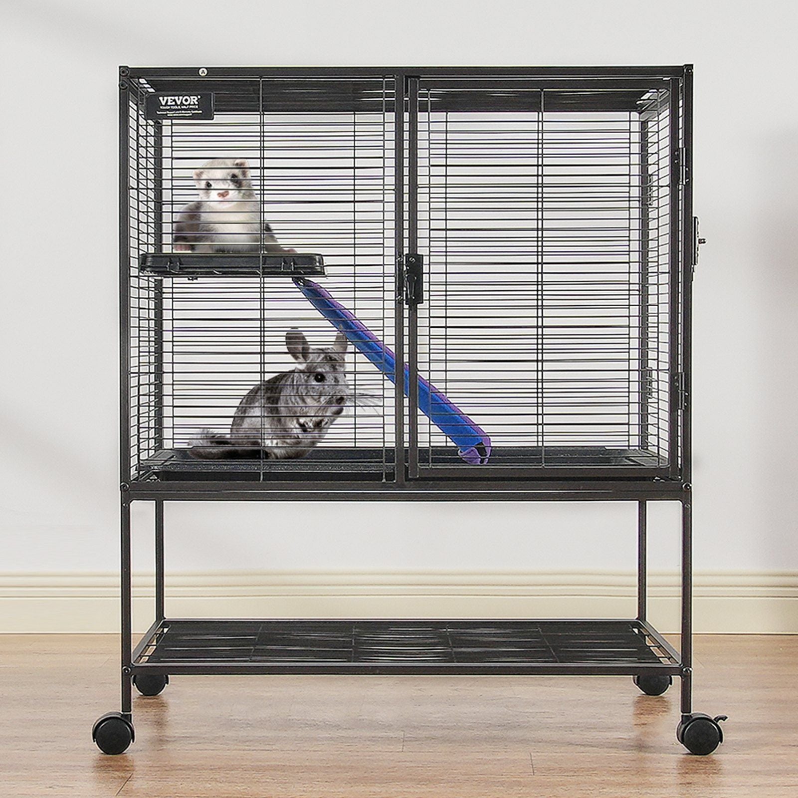 Black metal ferret cage with wheels featuring two small pets and climbing accessories inside