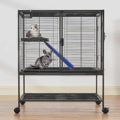 Black metal ferret cage with wheels featuring two small pets and climbing accessories inside