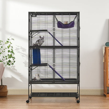 Spacious metal ferret cage with wheels featuring multiple levels and ramps for small pets