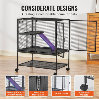 Black metal ferret cage with wheels featuring double doors, lockable wheels, twist-lock door latch, and fabric-covered ramps