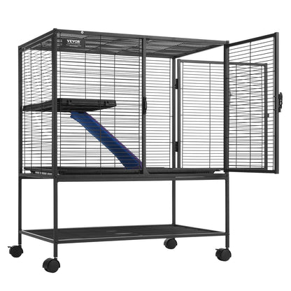 Black metal ferret cage with wheels featuring a ramp, open front door, and bottom storage shelf