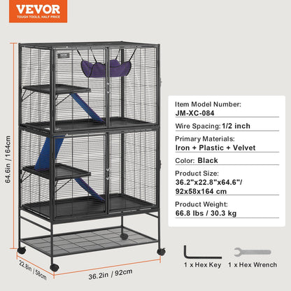 Black metal ferret cage with wheels featuring multiple levels, ramps, and a hanging hammock