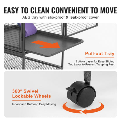 Metal ferret cage with wheels featuring a pull-out ABS tray and 360-degree swivel lockable wheels for easy cleaning and movement