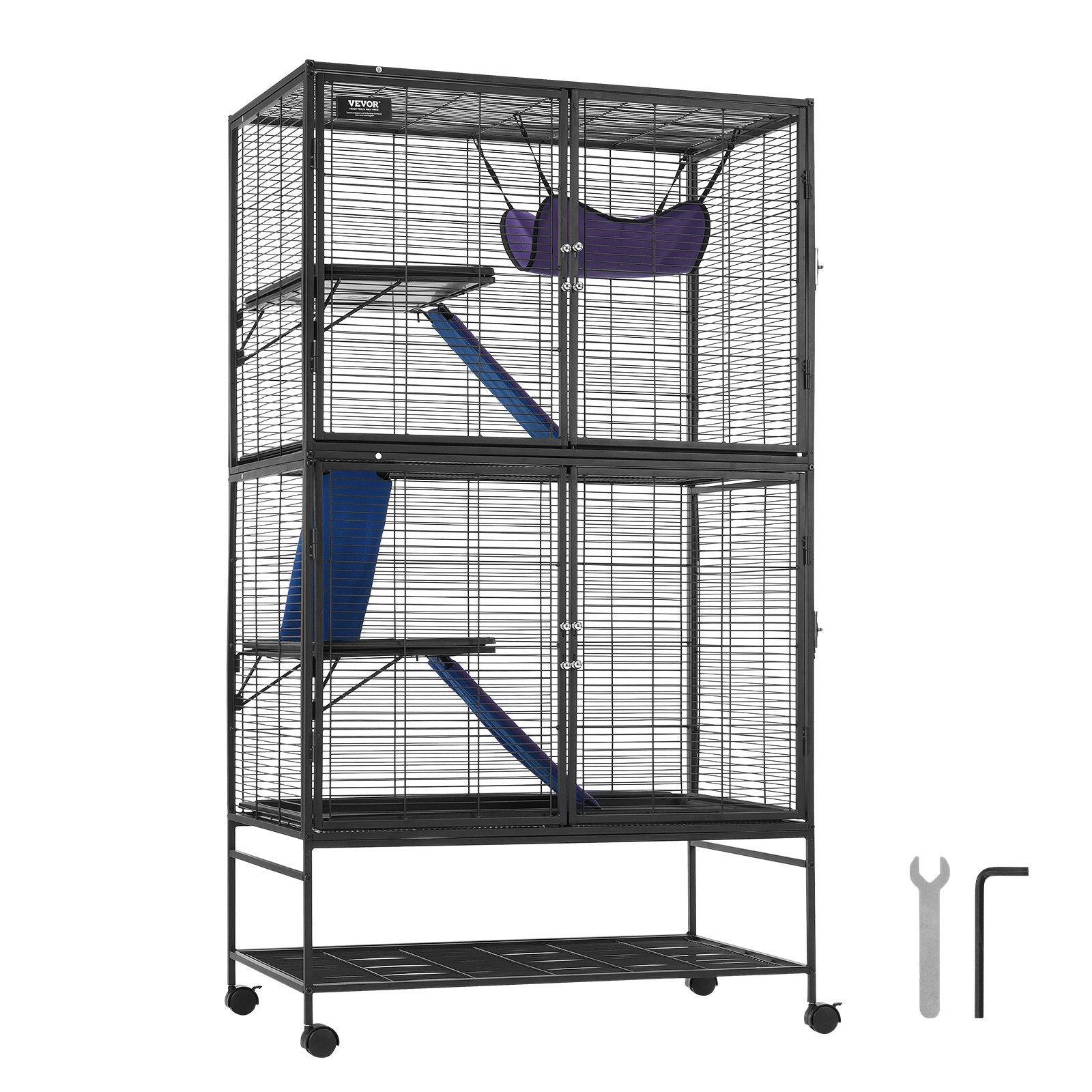 Large metal ferret cage with wheels featuring multiple levels, ramps, and hanging hammock for pets