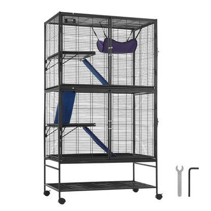 Large metal ferret cage with wheels featuring multiple levels, ramps, and hanging hammock for pets
