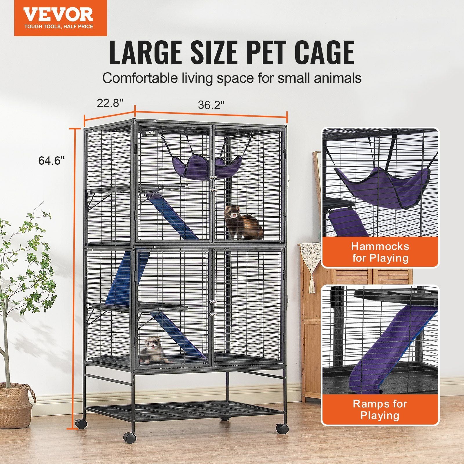 Large metal ferret cage with wheels featuring ramps and hammocks for small animals