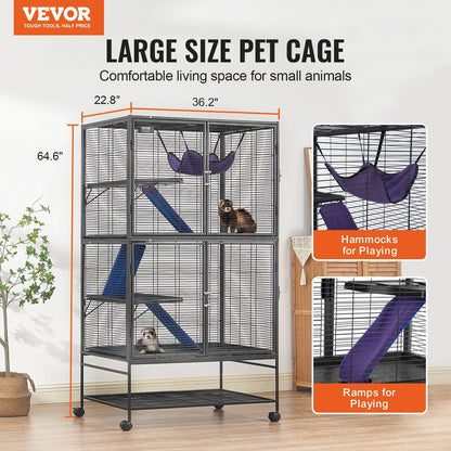 Large metal ferret cage with wheels featuring ramps and hammocks for small animals