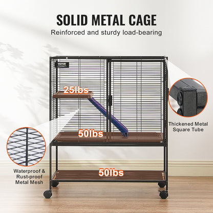 Solid metal ferret cage with wheels featuring reinforced waterproof rust-proof metal mesh and thickened square tube frame