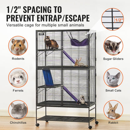 Metal ferret cage with wheels featuring 1/2 inch spacing for small animals like ferrets, rodents, and rabbits