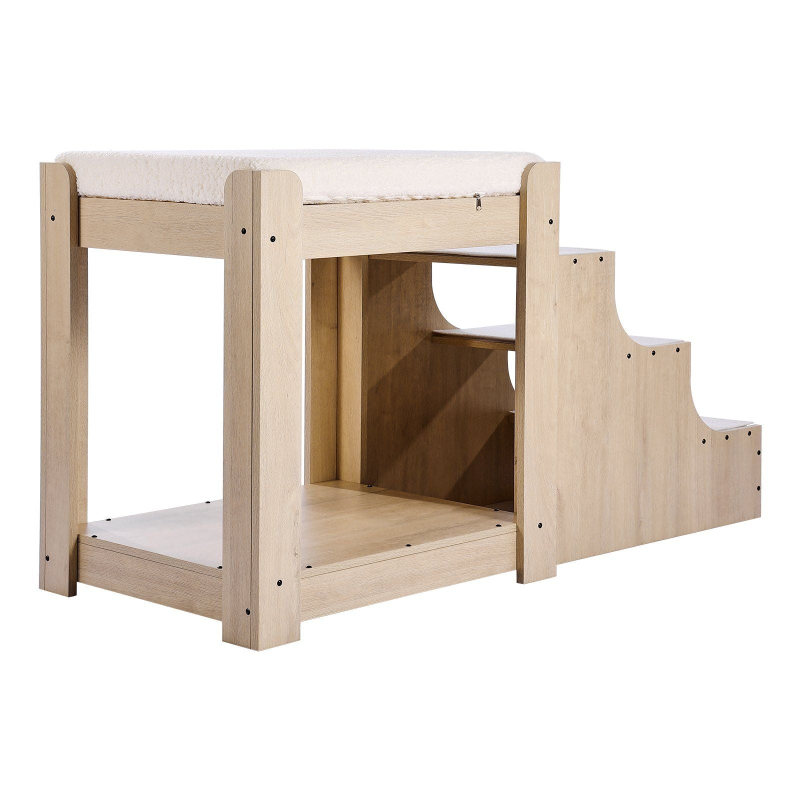 Light wood pet bunk bed with stairs and cushioned top bed for small pets by PawCounter.com