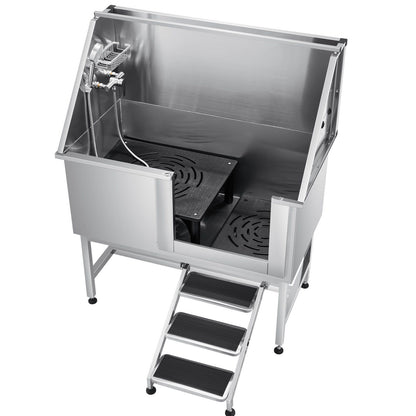 Stainless steel dog grooming tub with steps and drainage system for easy pet baths