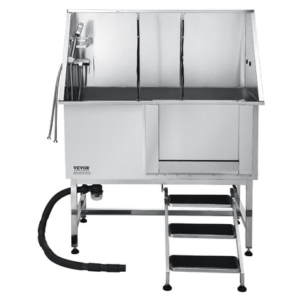 Stainless steel dog grooming tub with adjustable faucets and steps for easy pet bathing