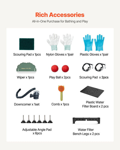 Rich accessories set for stainless steel dog grooming tub including scouring pads, gloves, and toys