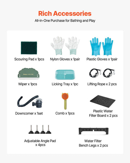 Complete set of accessories for stainless steel dog grooming tub including comb, gloves, and more
