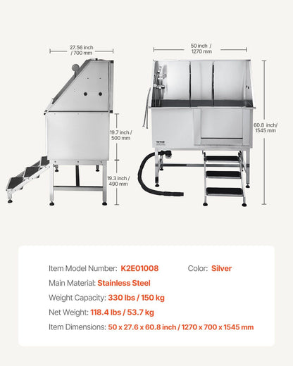 Stainless steel dog grooming tub with a spacious design and high weight capacity for efficient pet grooming