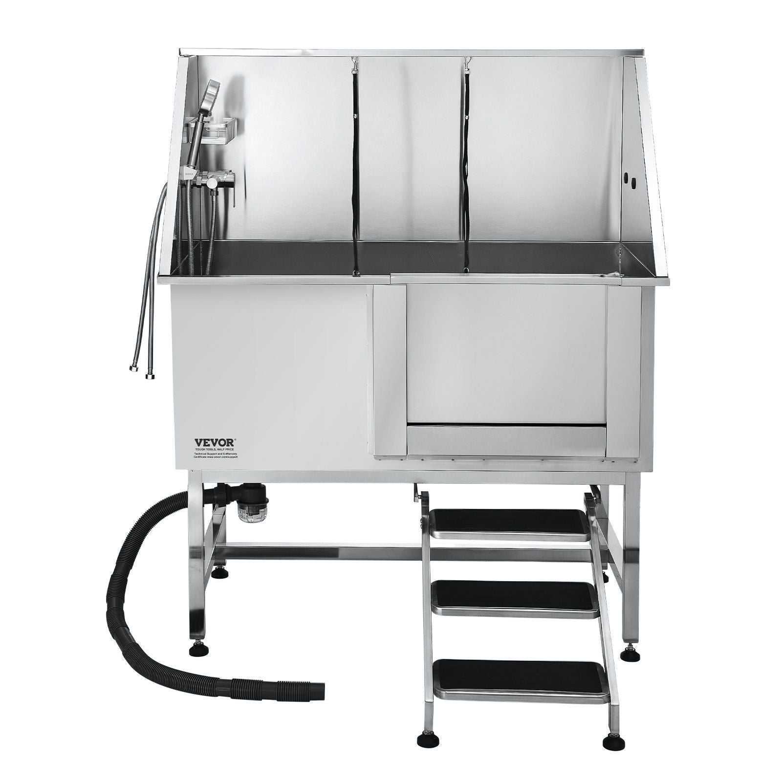 Stainless steel dog grooming tub with dual compartments and adjustable water features for easy pet washing