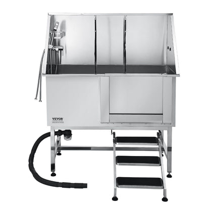 Stainless steel dog grooming tub with dual compartments and adjustable water features for easy pet washing