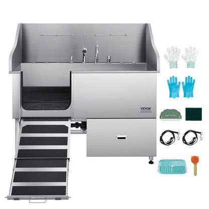 Stainless steel dog grooming tub with adjustable faucet, rubber mat, and accessories for easy pet washing