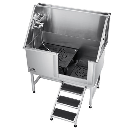 Spacious stainless steel dog grooming tub with adjustable shower head and non-slip steps for easy pet bathing