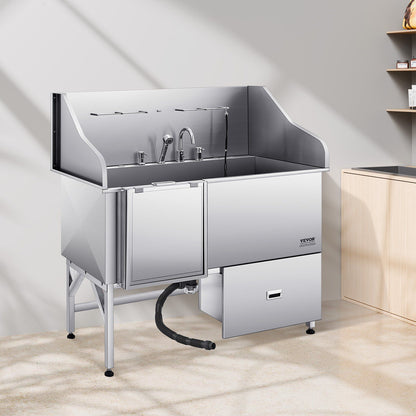 Stainless steel dog grooming tub with adjustable faucet and storage compartment for efficient pet care