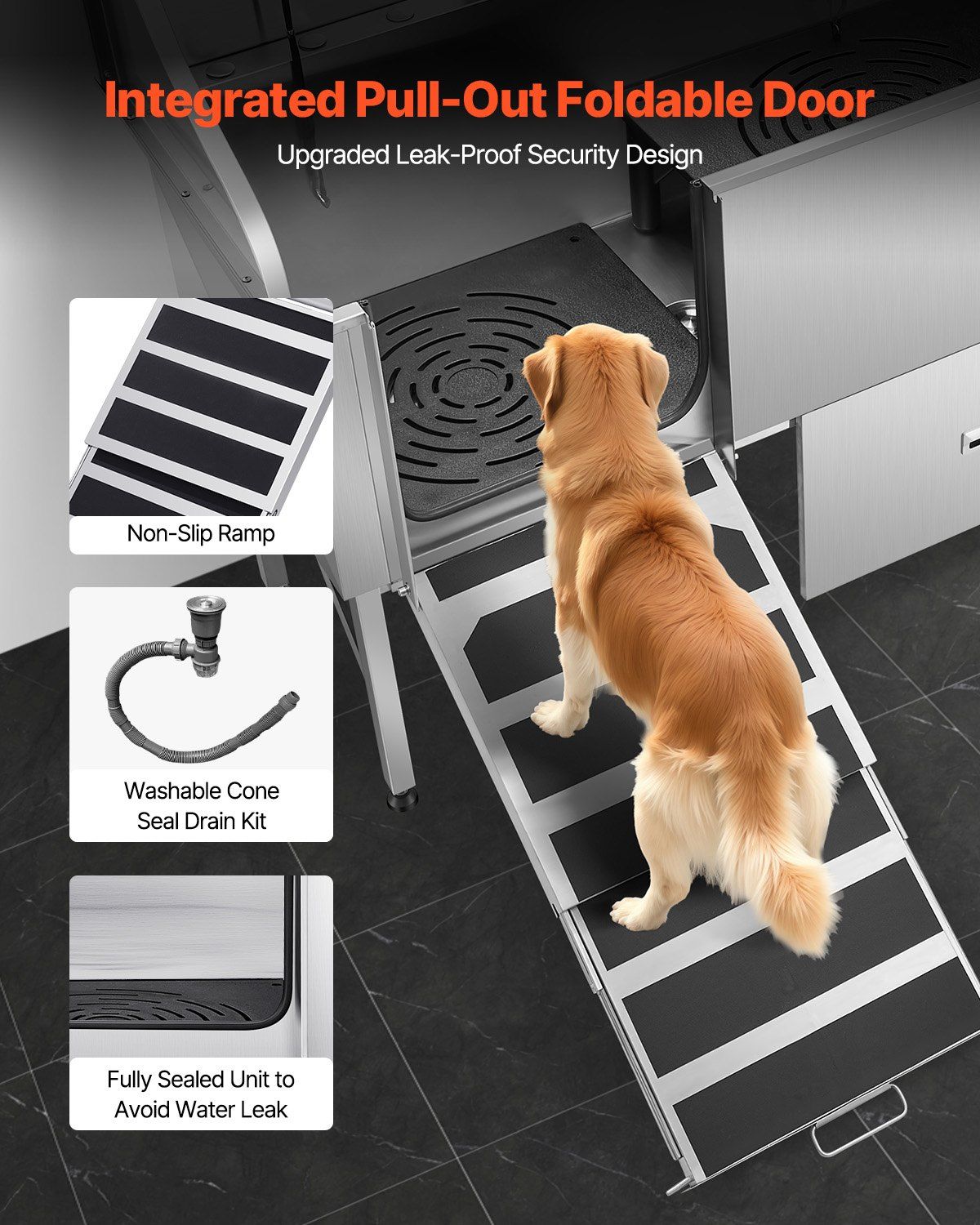 Stainless steel dog grooming tub with non-slip ramp and integrated pull-out door for easy pet access