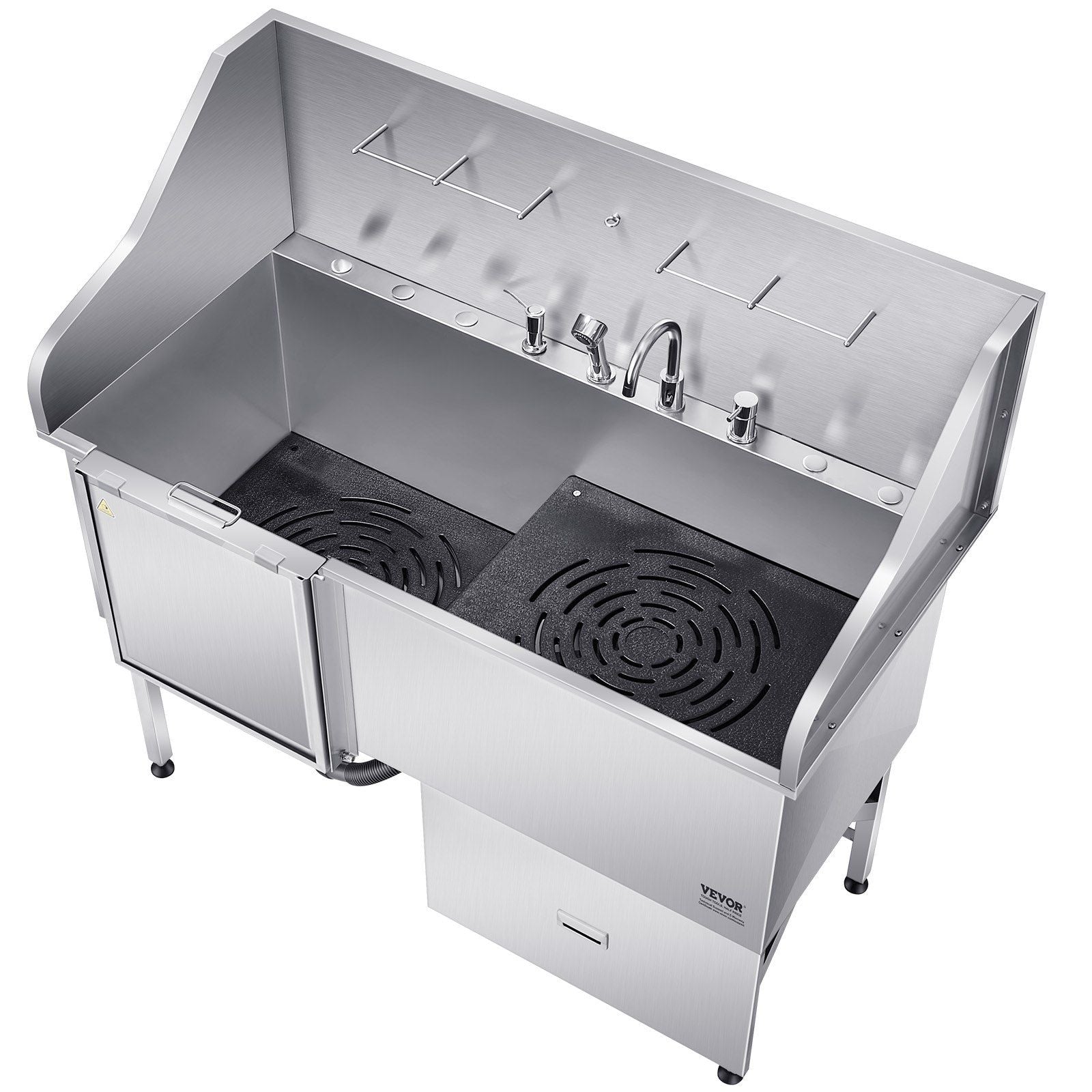 Stainless steel dog grooming tub with dual compartments and adjustable faucets for efficient grooming