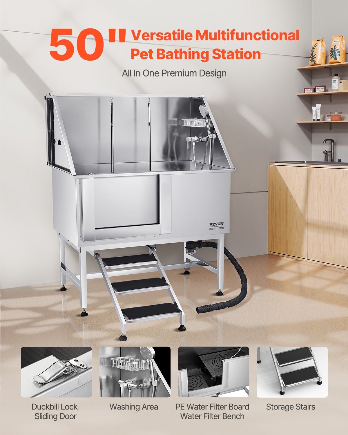 50 inch stainless steel dog grooming tub with sliding door and storage stairs for easy pet bathing