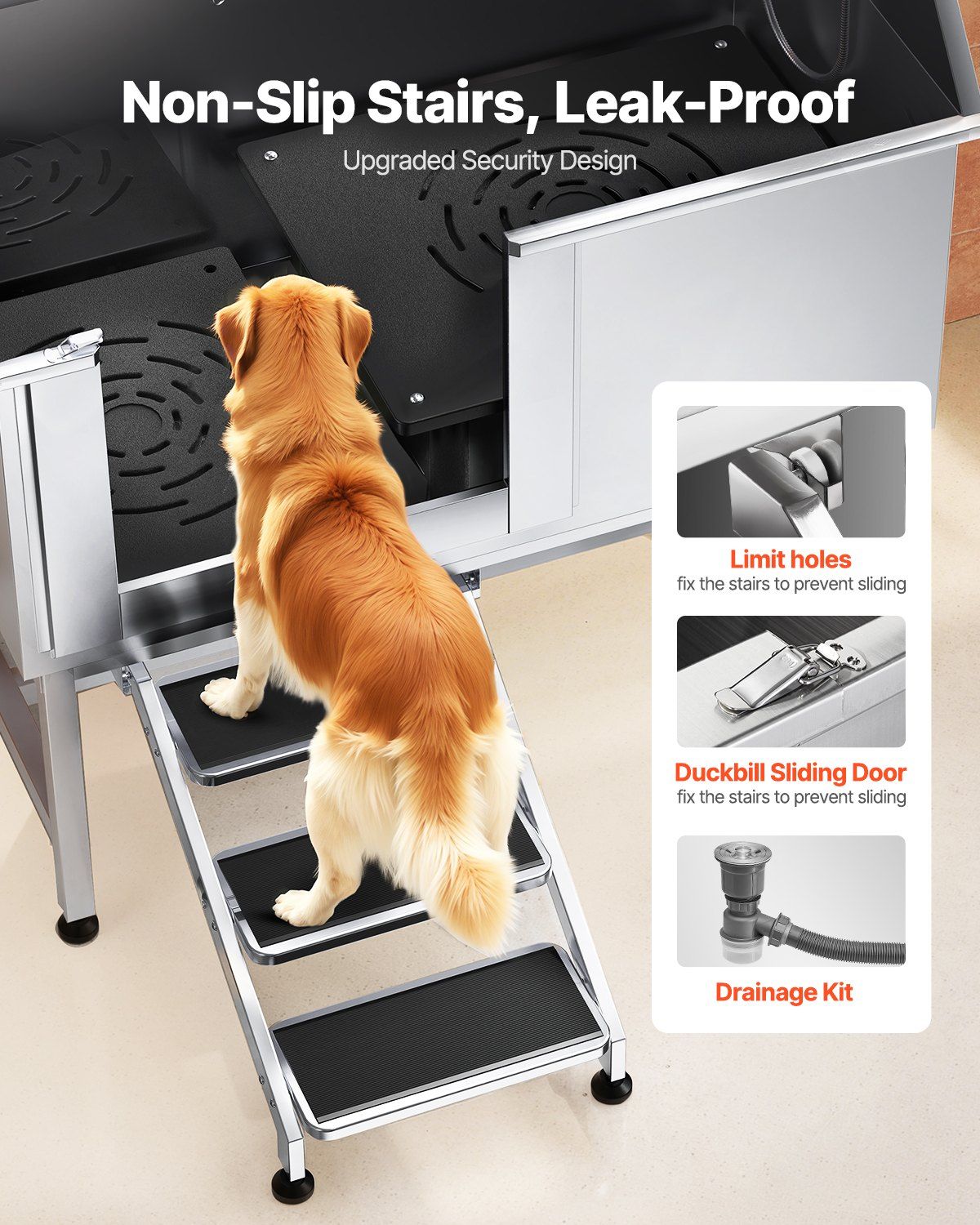 Stainless steel dog grooming tub with non-slip stairs and leak-proof design for pet grooming