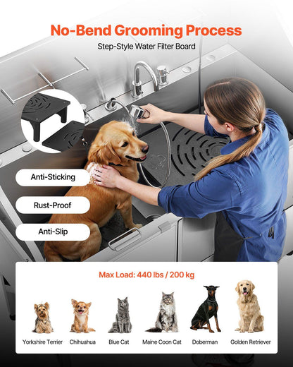 No-Bend Grooming Process with Stainless Steel Dog Grooming Tub and Step-Style Water Filter Board