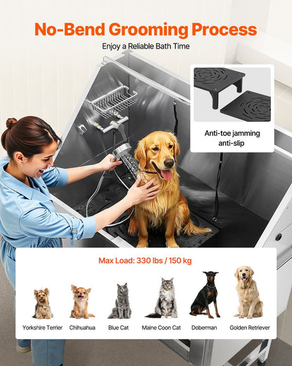 Stainless steel dog grooming tub with anti-slip mat, showcasing no-bend grooming for various pets.