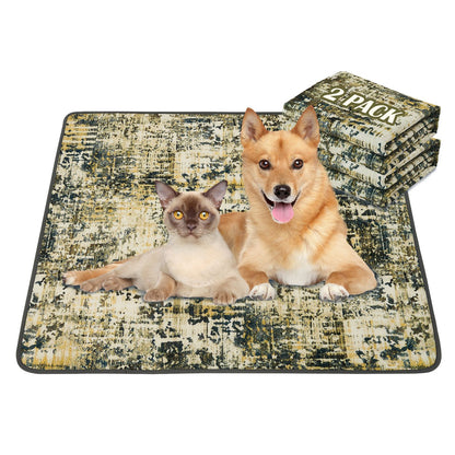 Washable pee pads for dogs with abstract pattern shown with dog and cat lying on pad and two-pack set