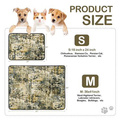 Washable pee pads for dogs in small and medium sizes with recommended dog breeds and measurement details