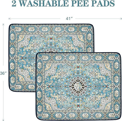 Two washable pee pads for dogs with blue ornate floral patterns measuring 41 by 36 inches