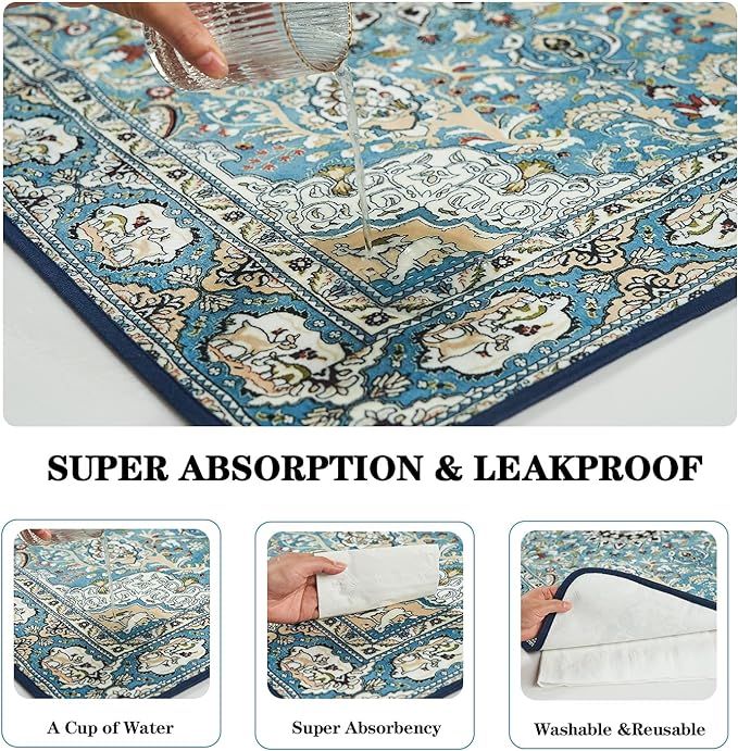 Washable pee pads for dogs showing super absorption and leakproof design on a blue patterned surface