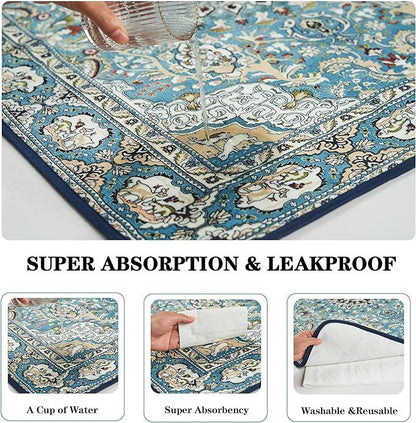 Washable pee pads for dogs showing super absorption and leakproof design on a blue patterned surface